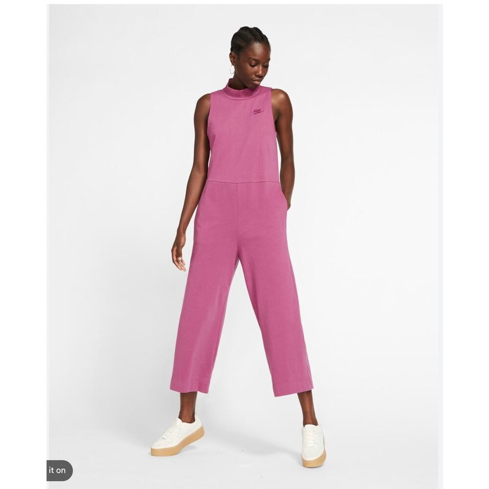 Nike Womens Cotton Jersey Cropped Wide Leg Jumpsuit Pink Athleisure Lounge M